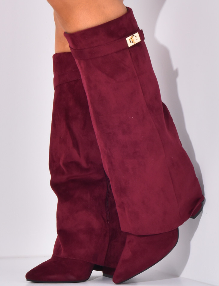 Bottes en suédine à talons carré et rabat