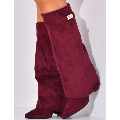 Bottes en suédine à talons carré et rabat