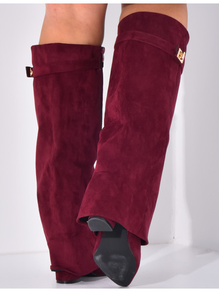 Bottes en suédine à talons carré et rabat