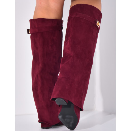 Bottes en suédine à talons carré et rabat
