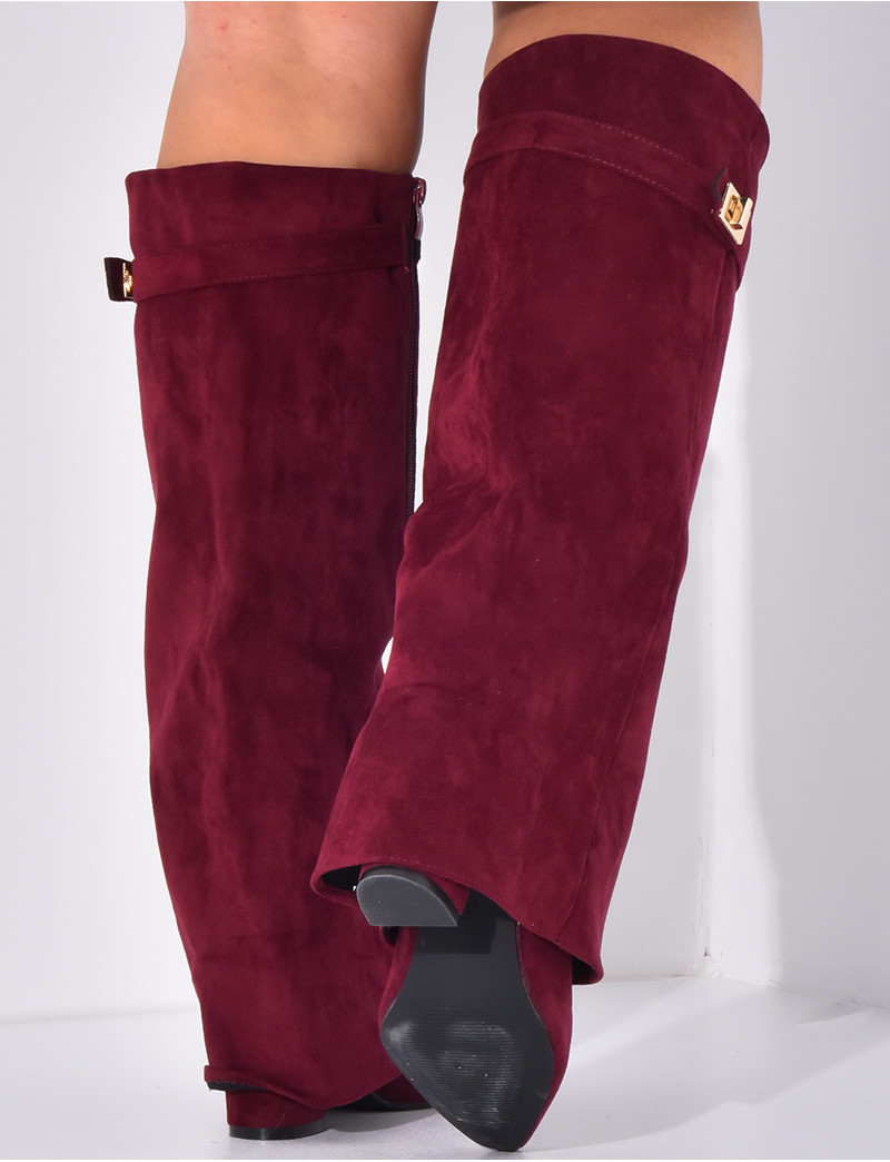 Bottes plissées en suédine à talons triangle - Rouge