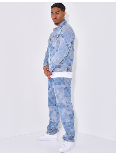 Ensemble en jeans imprimé damier pantalon et veste