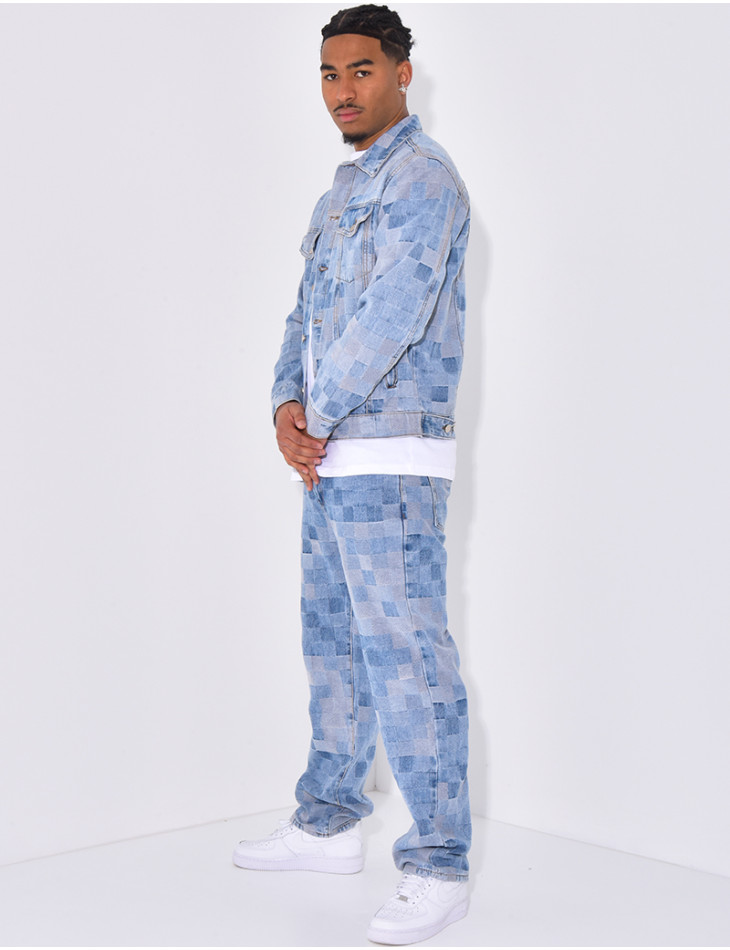 Ensemble en jeans imprimé damier pantalon et veste