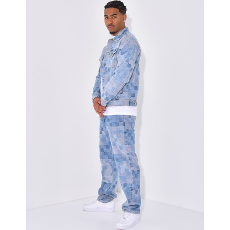 Ensemble en jeans imprimé damier pantalon et veste