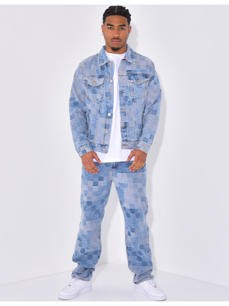 Ensemble en jeans imprimé damier pantalon et veste