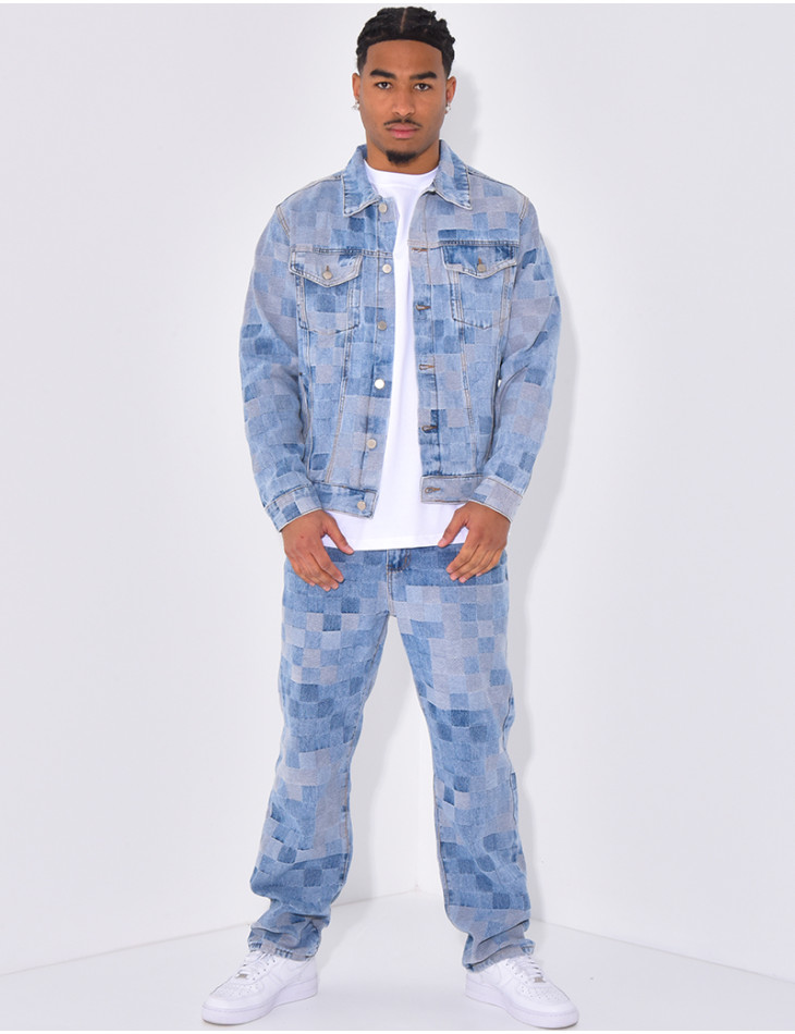 Ensemble en jeans imprimé damier pantalon et veste