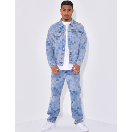 Ensemble en jeans imprimé damier pantalon et veste