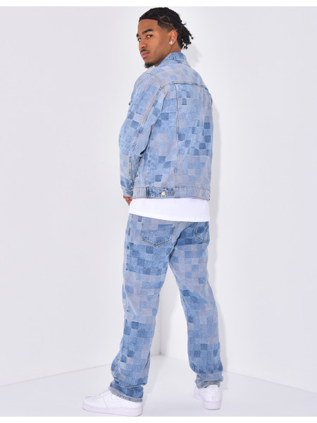 Ensemble en jeans imprimé damier pantalon et veste