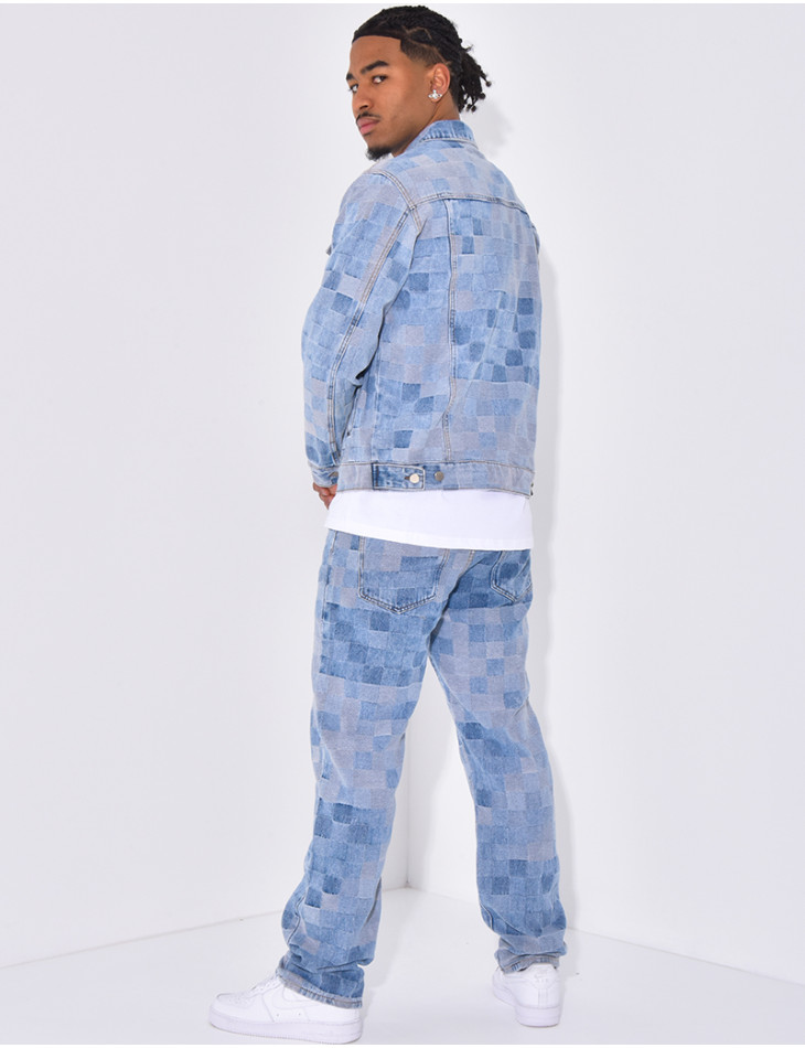 Ensemble en jeans imprimé damier pantalon et veste