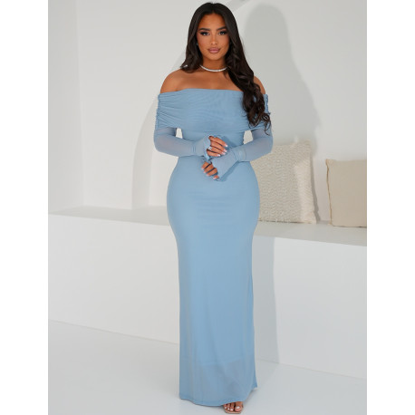 Long dress in lined voile with pleated bardot collar