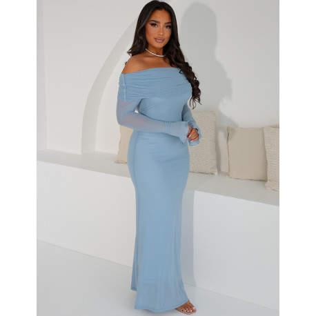 Long dress in lined voile with pleated bardot collar