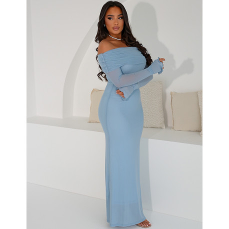 Long dress in lined voile with pleated bardot collar