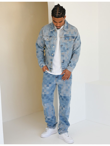 Ensemble en jeans imprimé damier pantalon et veste