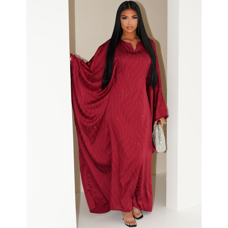 Abaya with rhinestones and V detail at the collar