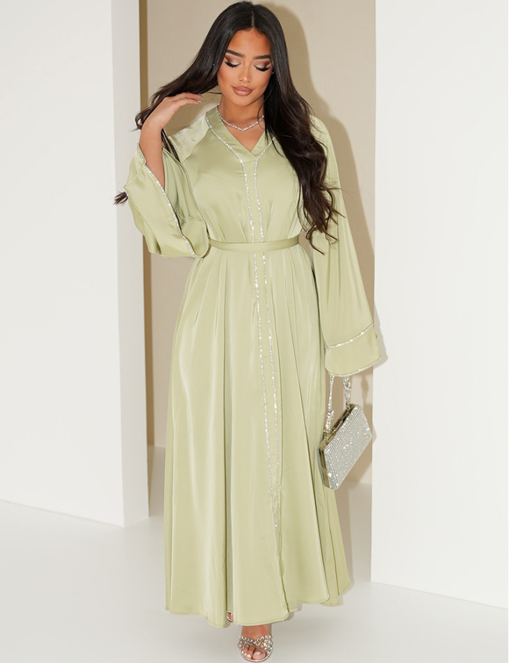 Satin abaya with rhinestone trim