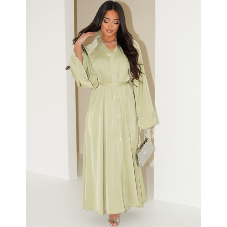 Satin abaya with rhinestone trim