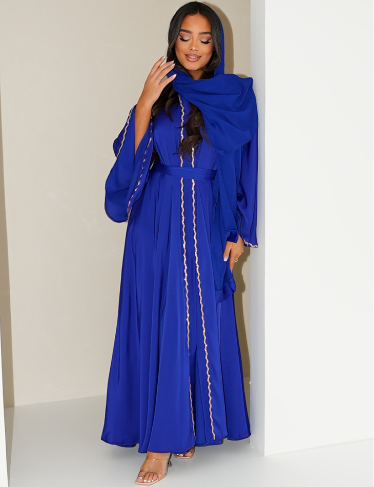 Rhinestone Abaya with Scarf and Tie Belt