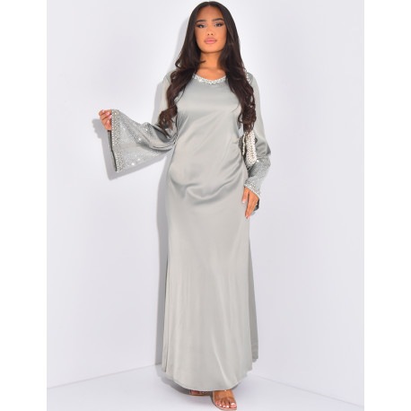 Premium abaya with hand-sewn pearls and rhinestones