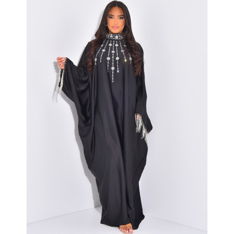 Premium high collar abaya with rhinestones