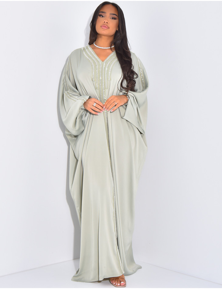 Abaya in textured satin with beads and tassels