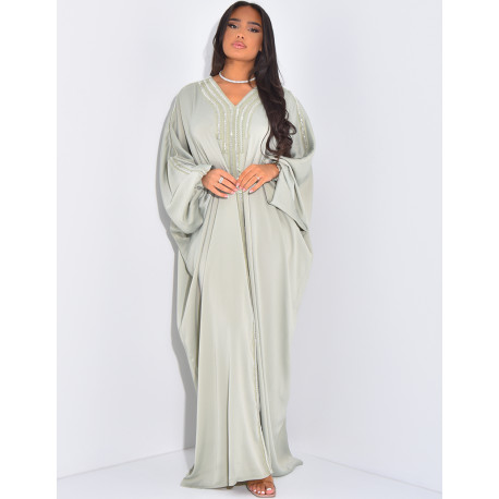 Abaya in textured satin with beads and tassels