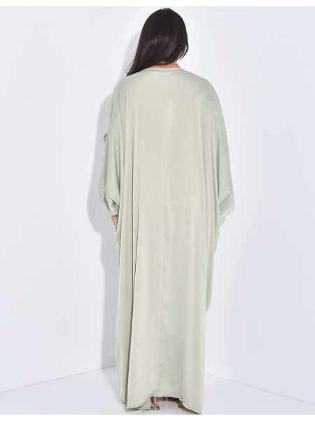 Abaya en satin texturé à perles et pompons