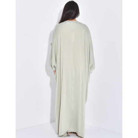 Abaya en satin texturé à perles et pompons