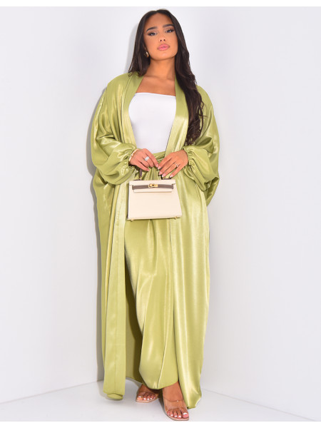 Ensemble jupe à nouer et kimono long en satin épais et brillant