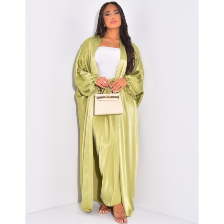 Ensemble jupe à nouer et kimono long en satin épais et brillant