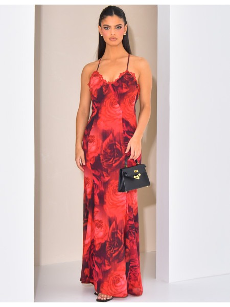 Robe longue en voile imprimé floral à bordures en dentelle