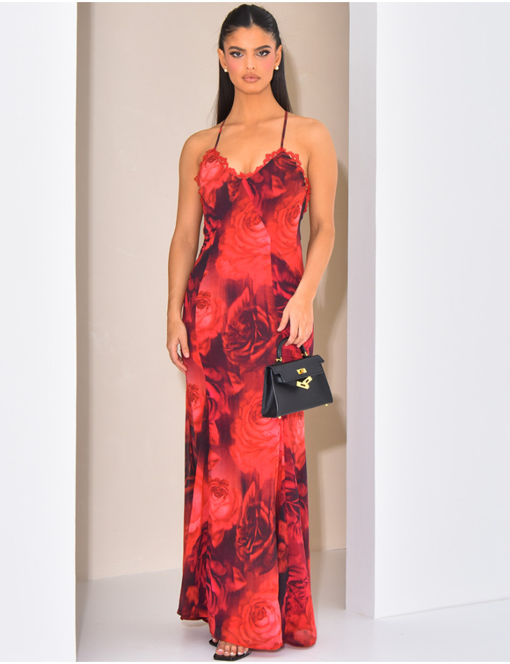 Robe longue en voile imprimé floral à bordures en dentelle