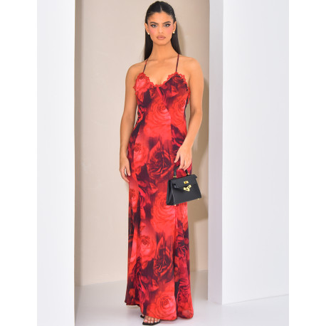Robe longue en voile imprimé floral à bordures en dentelle