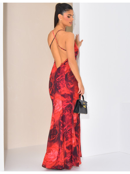 Robe longue en voile imprimé floral à bordures en dentelle