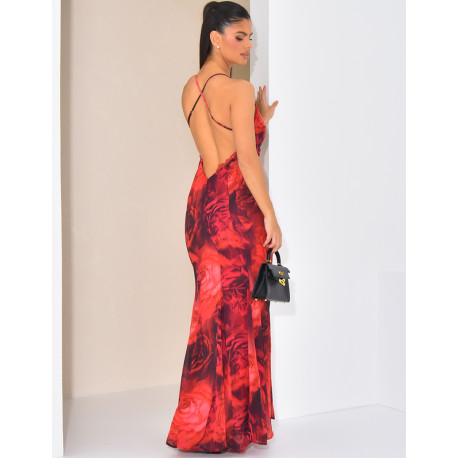 Robe longue en voile imprimé floral à bordures en dentelle