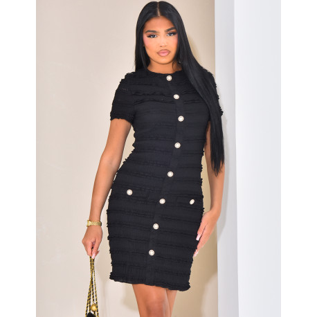 Robe courte texturée à boutons dorés et volants