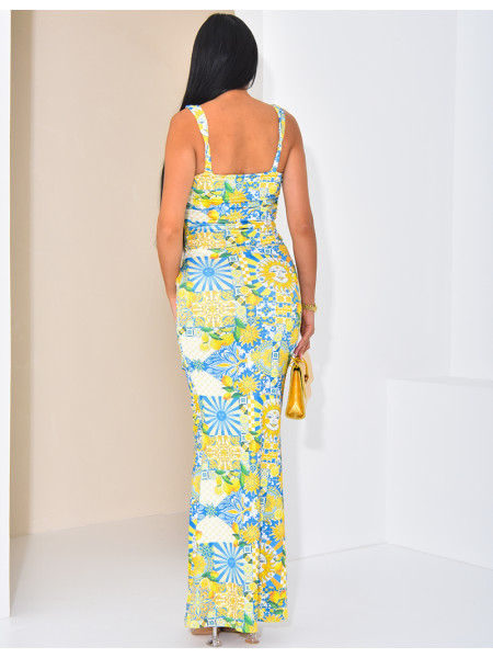 Gathered square-neck maxi dress with printed motifs