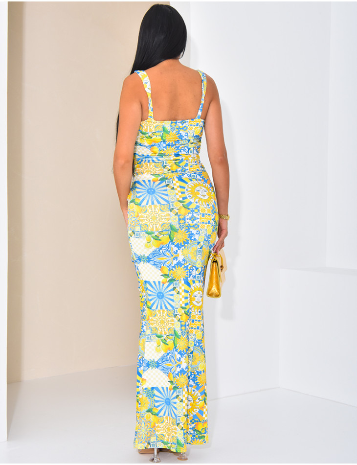 Gathered square-neck maxi dress with printed motifs