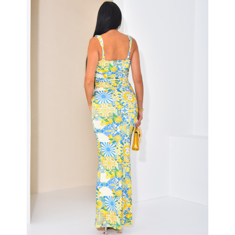 Gathered square-neck maxi dress with printed motifs