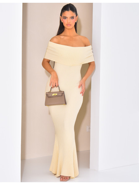Ribbed flared dress with bardot neck