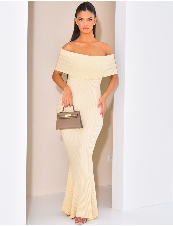 Ribbed flared dress with bardot neck