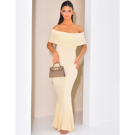Ribbed flared dress with bardot neck