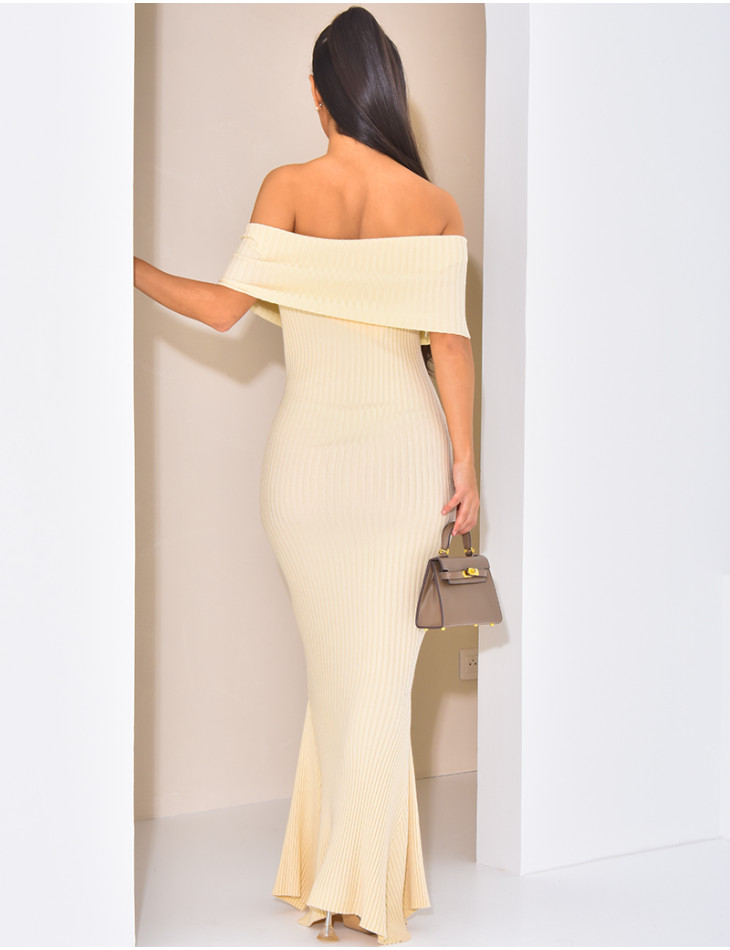 Ribbed flared dress with bardot neck
