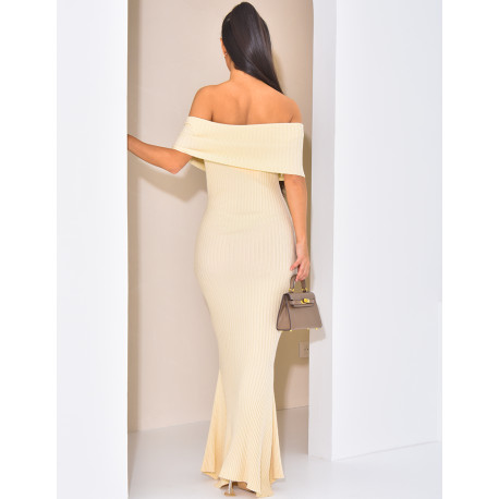 Ribbed flared dress with bardot neck
