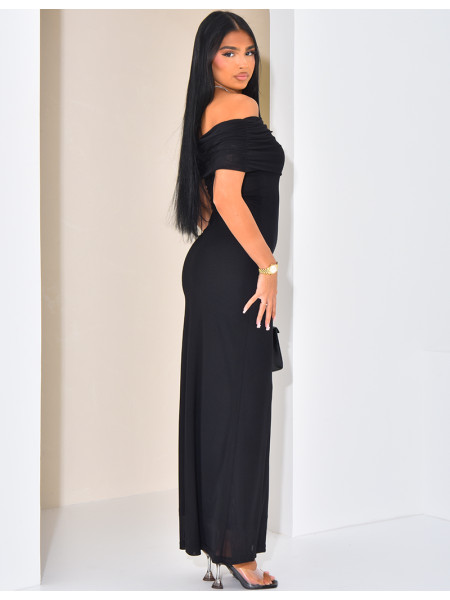 Langes asymmetrisches Bootskragenkleid aus Tüll