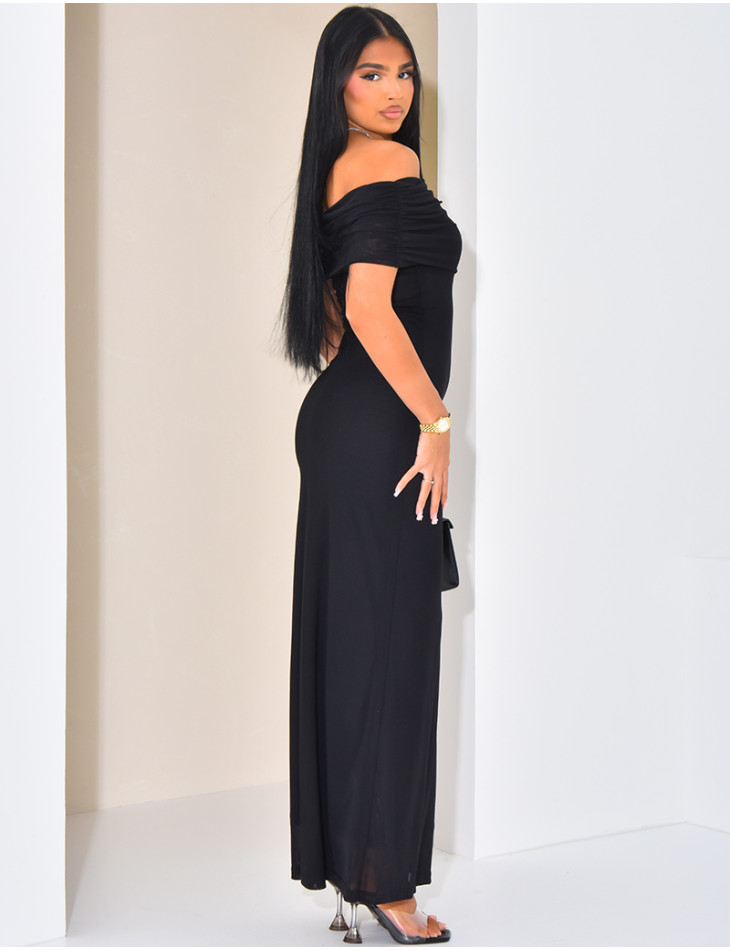 Langes asymmetrisches Bootskragenkleid aus Tüll