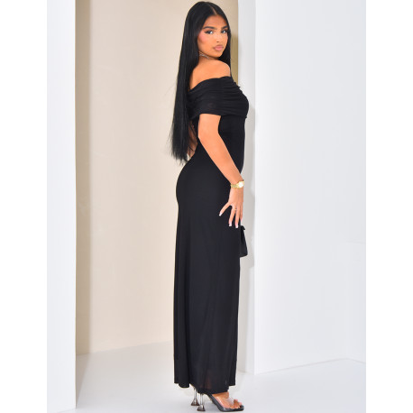 Langes asymmetrisches Bootskragenkleid aus Tüll