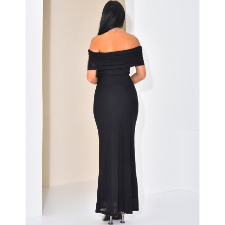 Langes asymmetrisches Bootskragenkleid aus Tüll