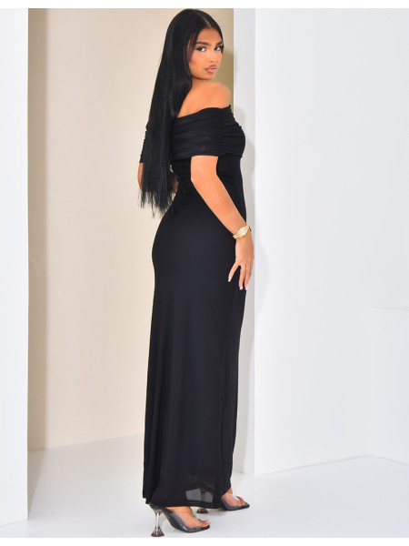 Langes asymmetrisches Bootskragenkleid aus Tüll