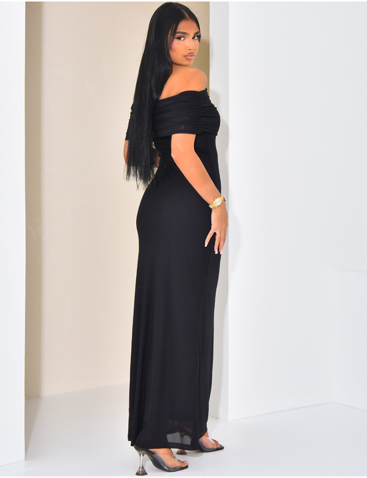 Langes asymmetrisches Bootskragenkleid aus Tüll