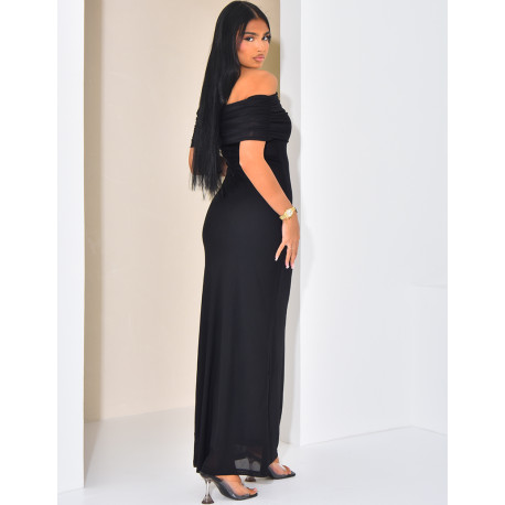 Langes asymmetrisches Bootskragenkleid aus Tüll